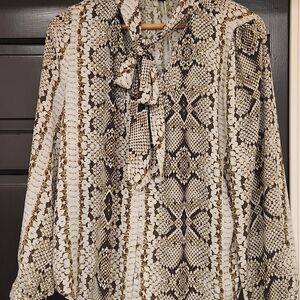J. Crew Snake Print Bow Blouse, Size 10, Olive Green, Cream, Tan